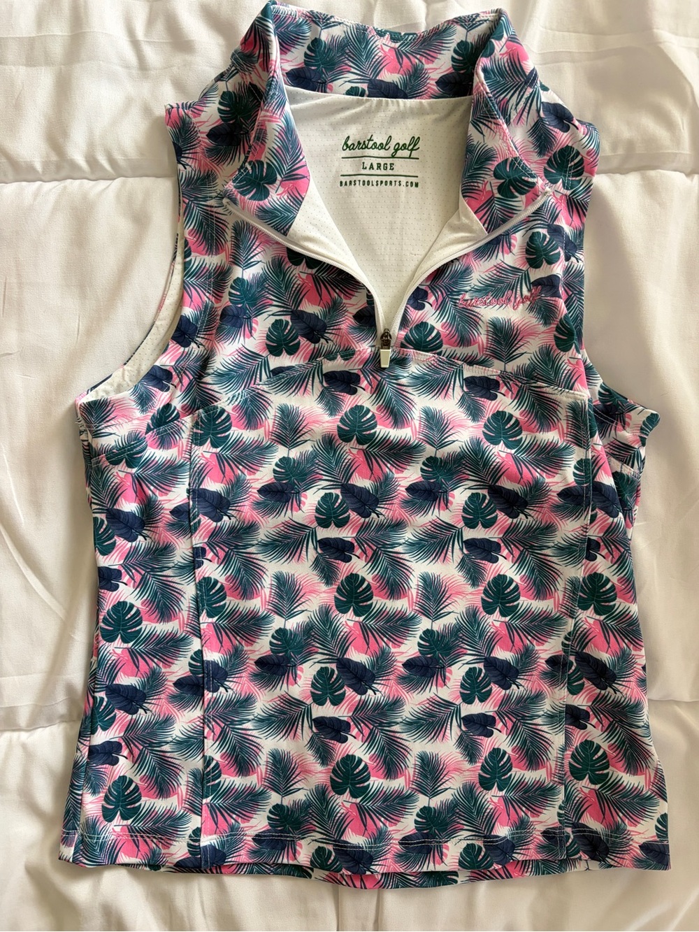 Barstool Golf Women's Pink & Teal Tropical Sleeveless Zip Mock Top
